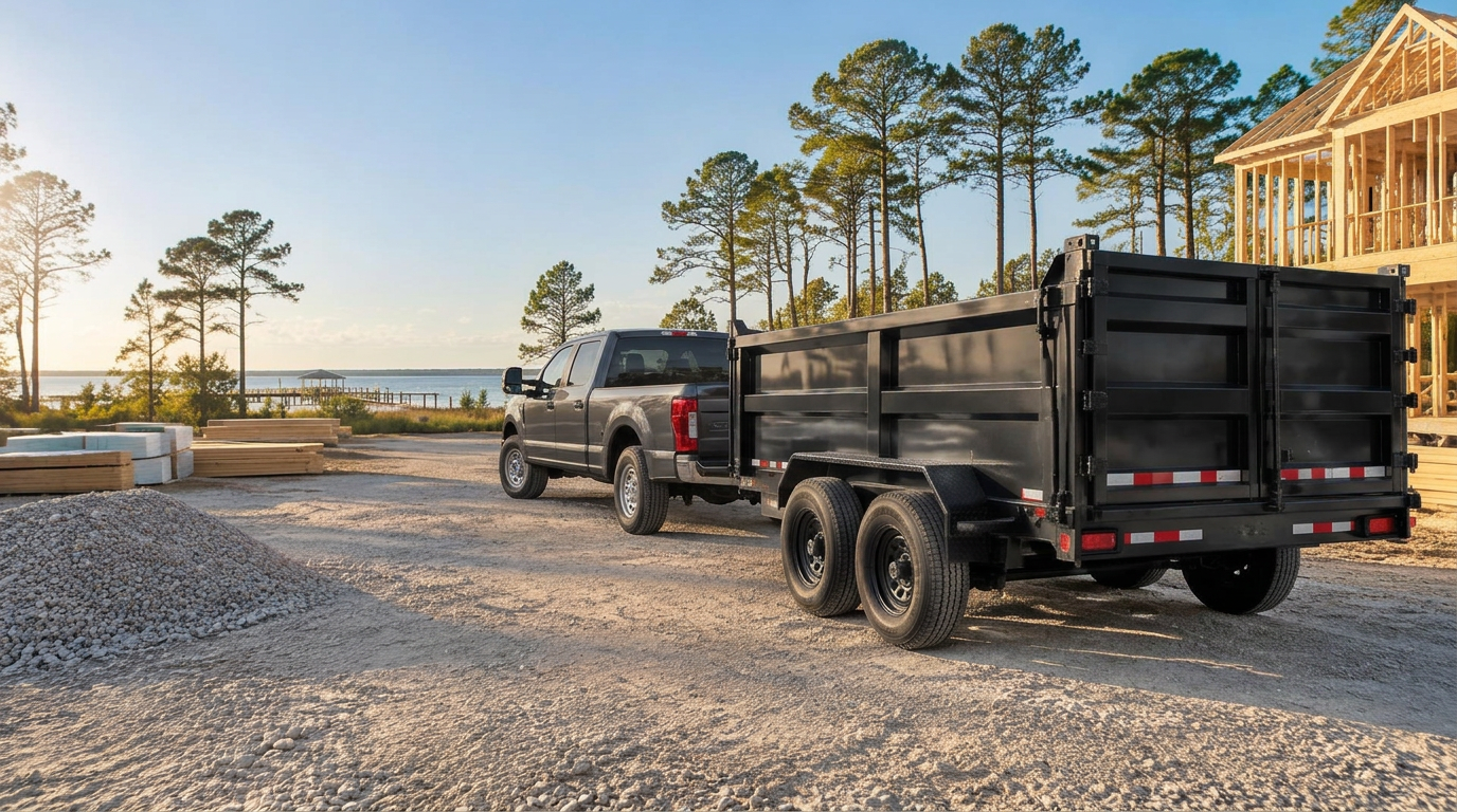 Black dump trailer at a coastal construction site